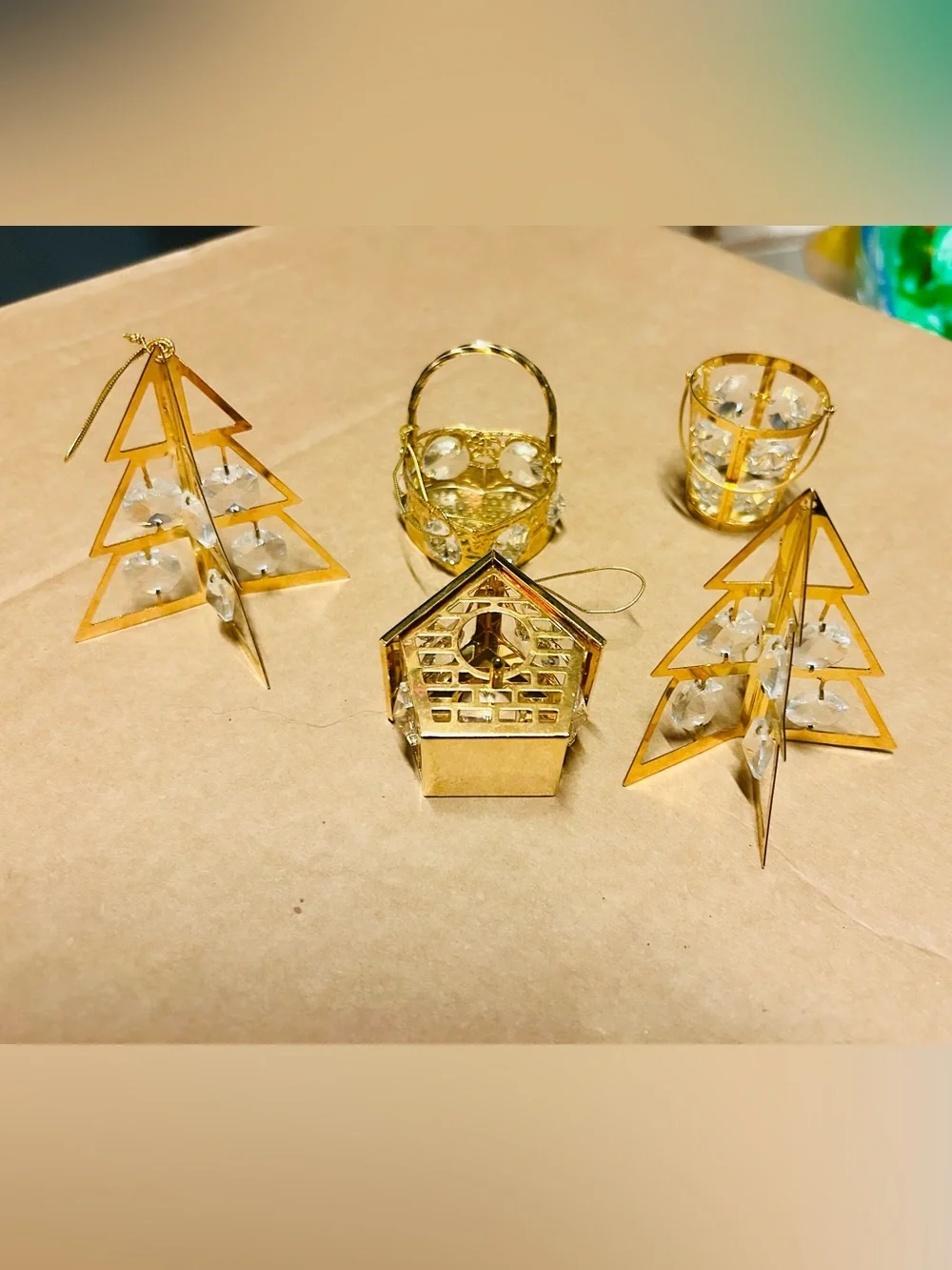 Vintage 24K Gold Plated Austrian Crystal Christmas Ornament - Set of 5